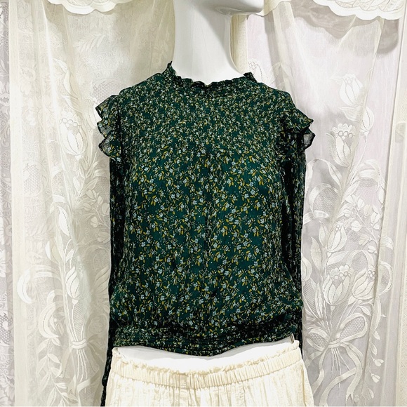 Free People Dark Forrest Green Floral Roma Blouse - Picture 1 of 7